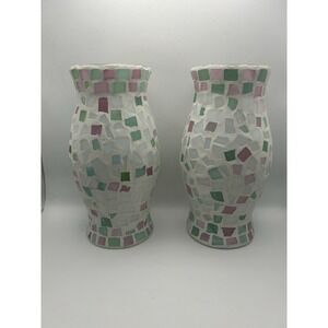 2-PC Mosaic Tile‎ Stain Glass Hurricane Candle Holders 9" Tall Pink Blue Green